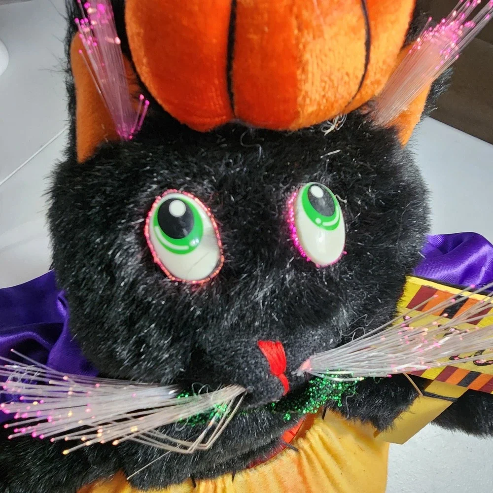 VTG Fiber Optic Halloween Black Cat Pumpkin Welcome Sign Light Up Decor 14 inch